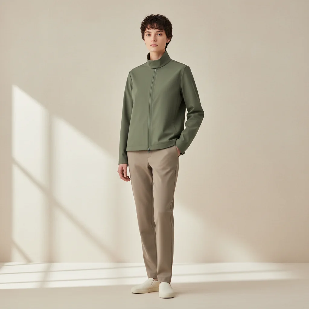 Man in a sage-green zip-up jacket and tan trousers walking in a sunlit studio