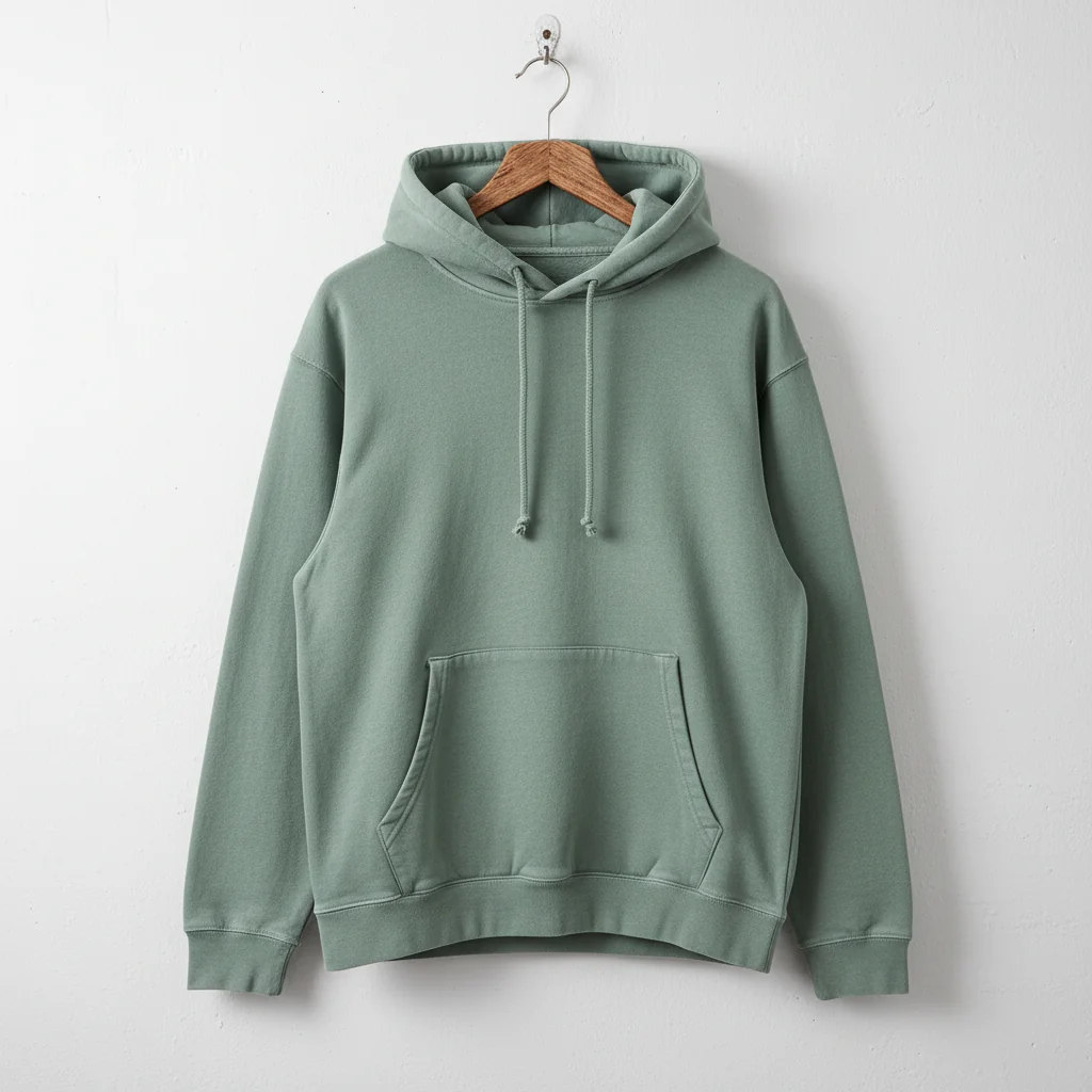 Sage-green hooded sweatshirt on a wooden hanger against a light backdrop
