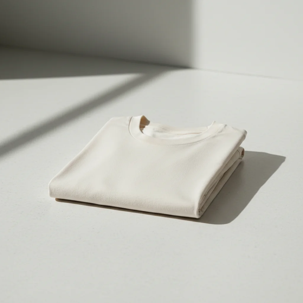 Folded cream-colored T-shirt on a sunlit stone surface