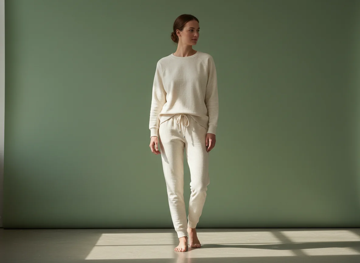 Woman standing barefoot in cream-colored loungewear — a sweatshirt and joggers — against a sage green wall, with warm sunlight falling across the floor