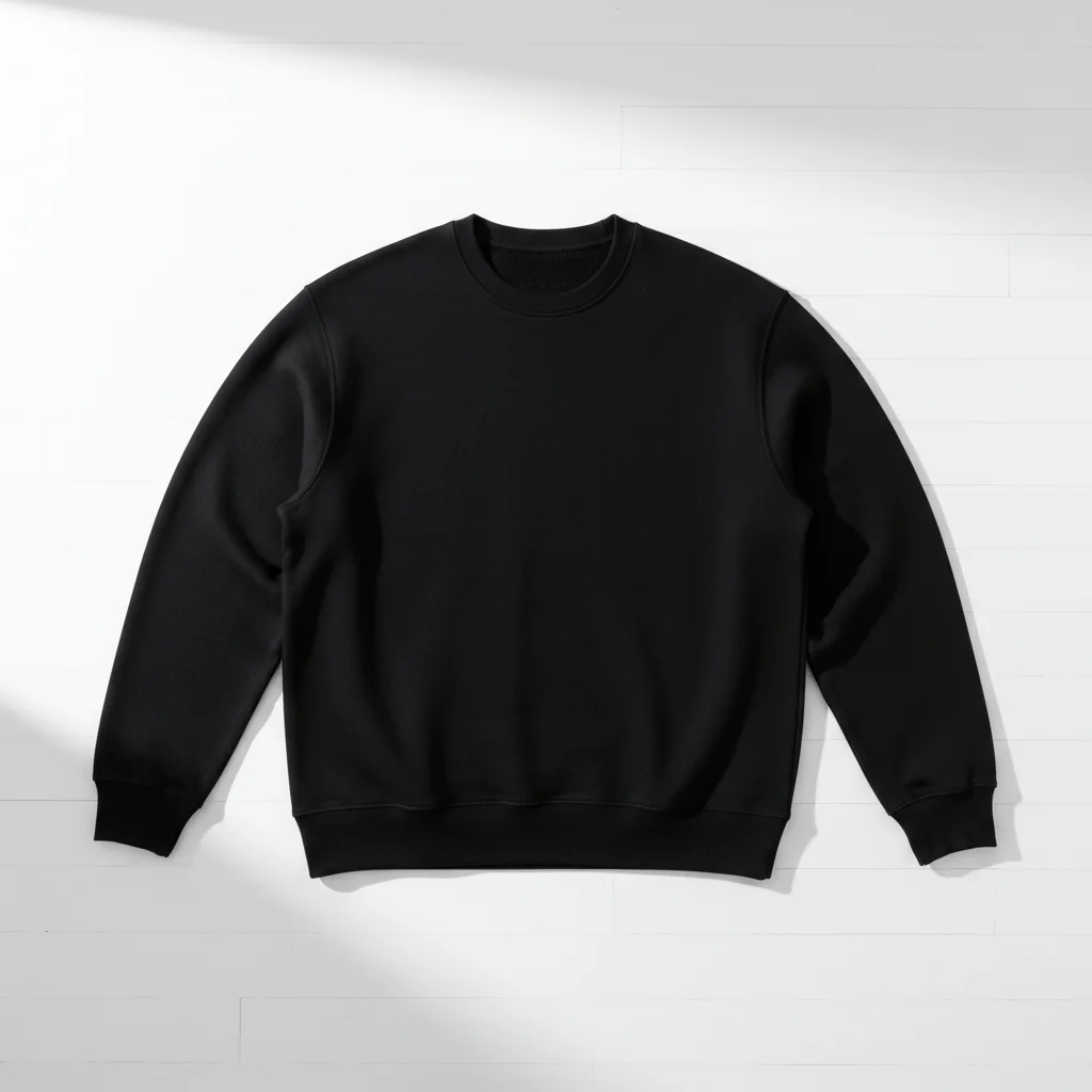 Black crewneck sweatshirt laid flat against a light backdrop with soft shadow