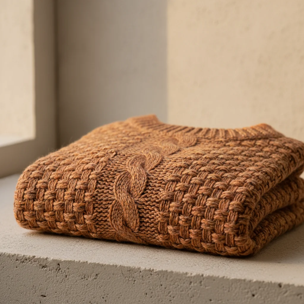 Camel-colored cable-knit sweater folded on a stone ledge in warm light