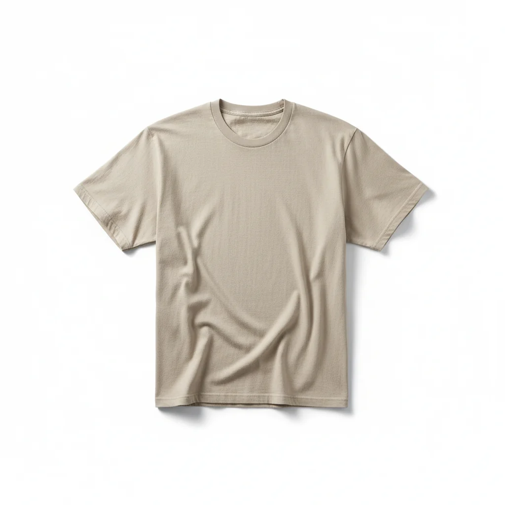 Folded beige organic cotton T-shirt on a white background