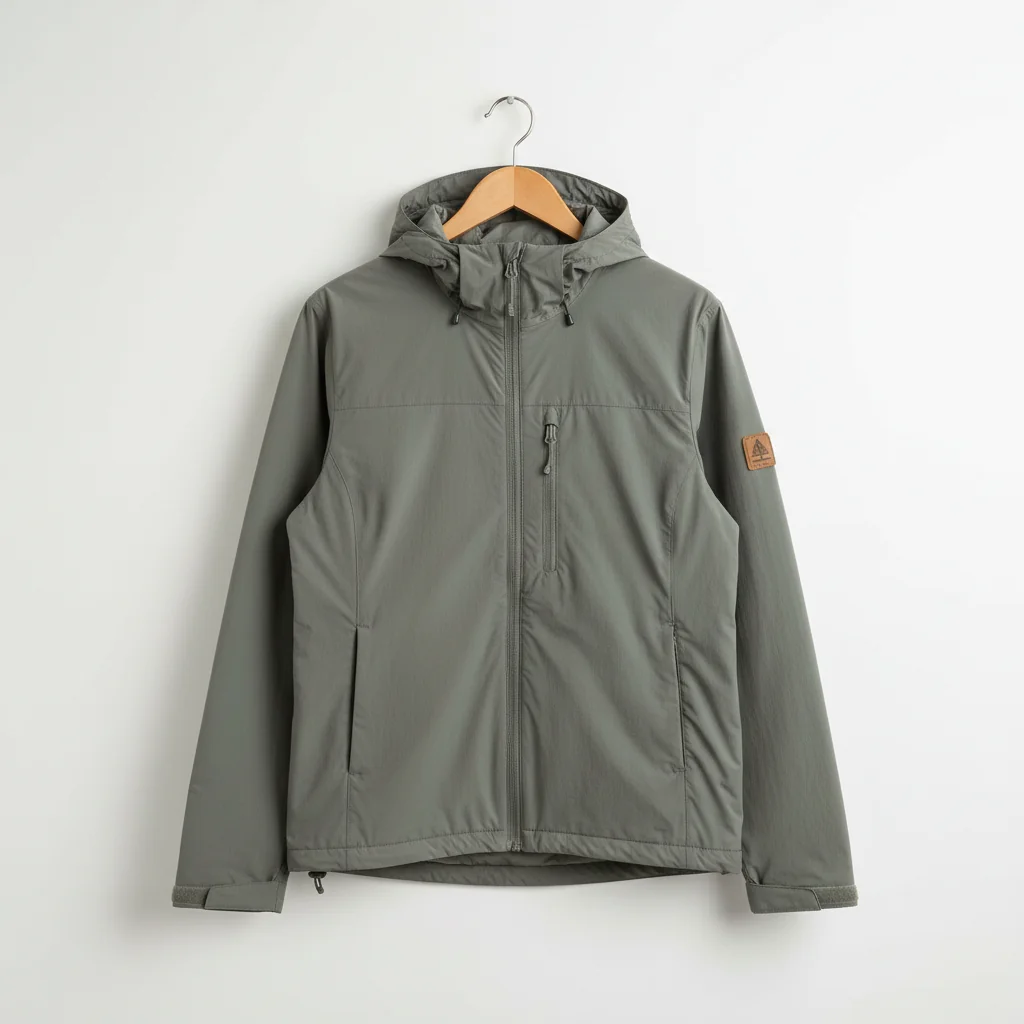 Sage-green hooded shell jacket on a wooden hanger